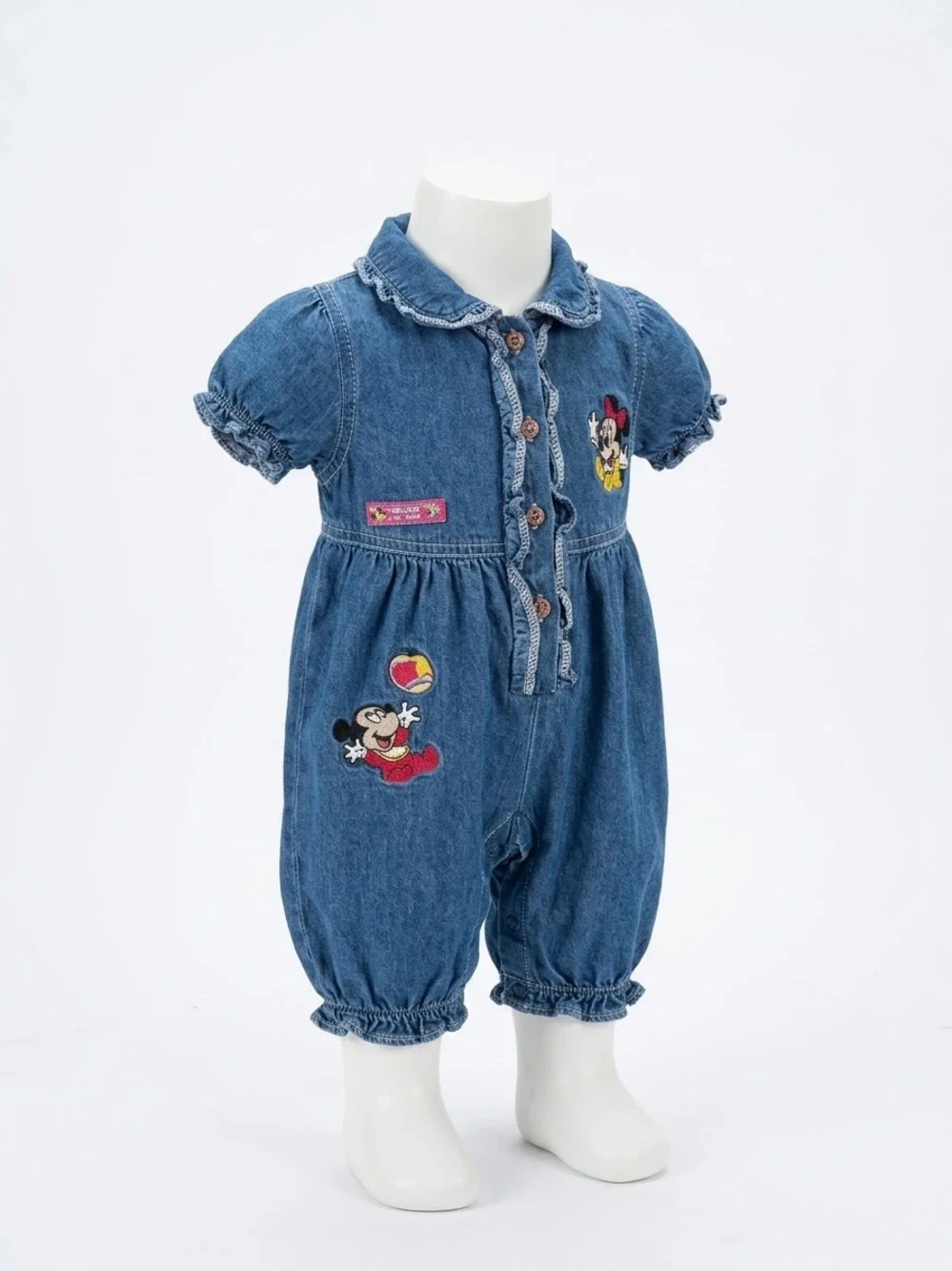 Unbranded Girls' Blue Denim Romper with Minnie Mouse Embroidery